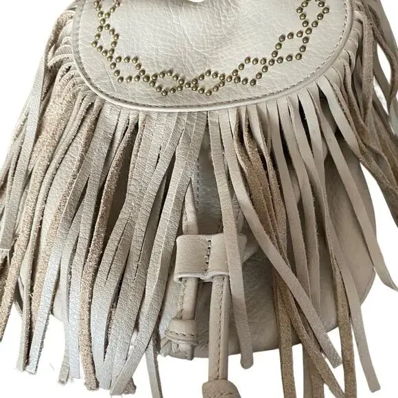 Lucky Brand Tan Taupe Leather Gold Studded Small Crossbody Fringe Purse - Picture 2 of 6